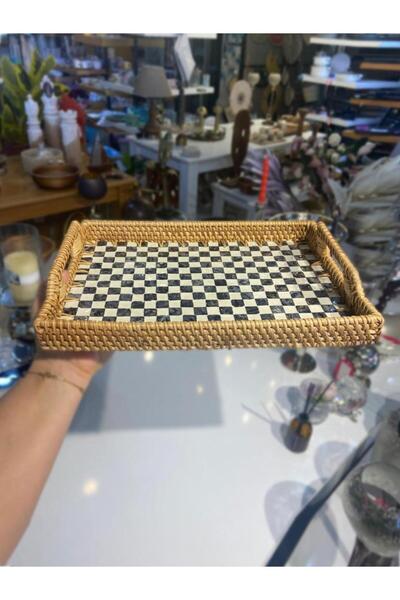 ÇIRPAN EV DAMALI DİKDÖRTGEN RATTAN TEPSİ 32X24CM