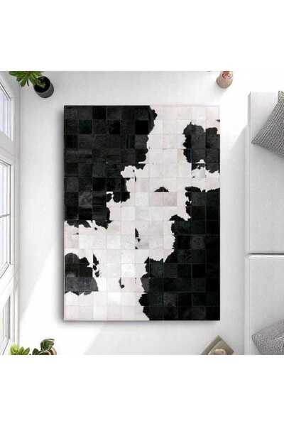deco marié Beyaz Siyah Dana Derisi Patchwork Halı – El Yapımı Hakiki Deri Mod...