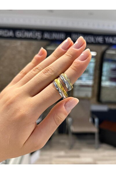 gümüşe dair 925 Ayar Gümüş Gümüş ve Altın Kaplama Çizgili Parlak Kadın Alyans