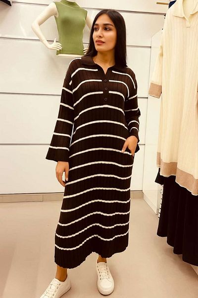 BOZKAYA ÖRME Spanish Sleeved Striped Dress