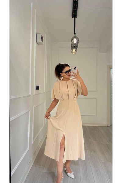 Daves Balloon Sleeve Flounce Atlas Fabric Dress-Stone