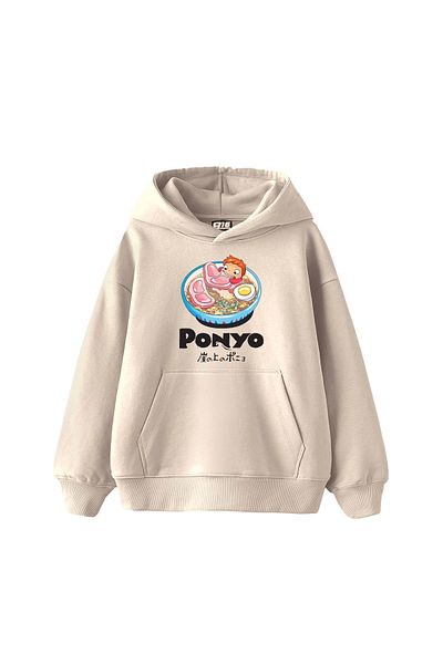Sekizbiraltı Ponyo Printed Oversize Unisex Beige Hoodie