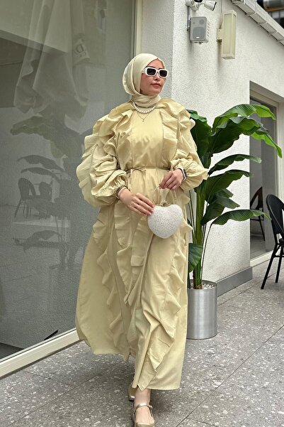 ByBensu Edoril Ön Volanlı Fırfırlı Vual Elbise - Sarı