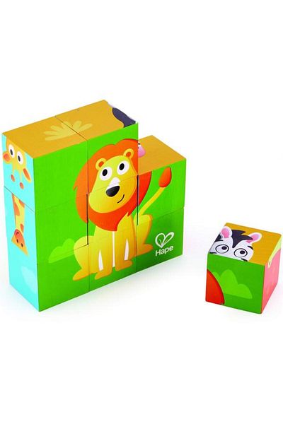 Hape Cuburi din lemn Jungla, 9 cuburi, 6 imagini