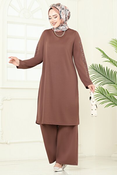 ModaMerve Taş Detaylı Tesettür Takım 455DVL817-MS Kahve