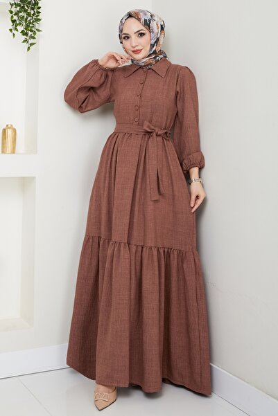 ModaMerve Eteği Katlı Tesettür Elbise 3025HBS856-MS Kahve
