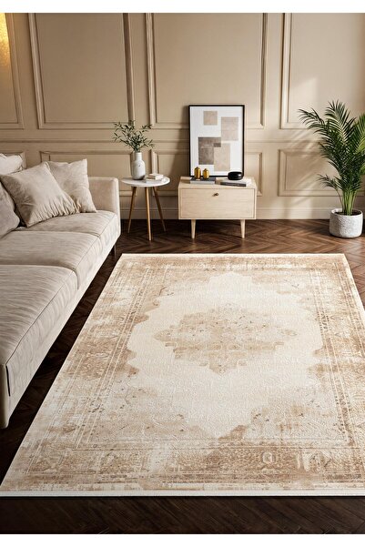 Karmen Halı VG008K Kahve Çerçeveli Göbekli Klasik Desen Modern Renk Tarak Sal...