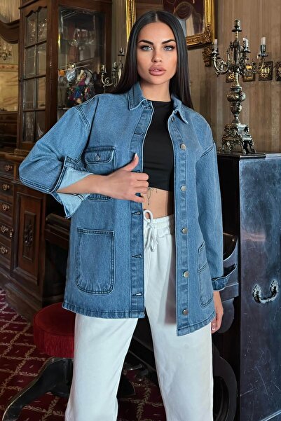 NEW LAVİVA Cămașă de blugi supradimensionată cu buzunar lat albastru și detaliu cu nasturi