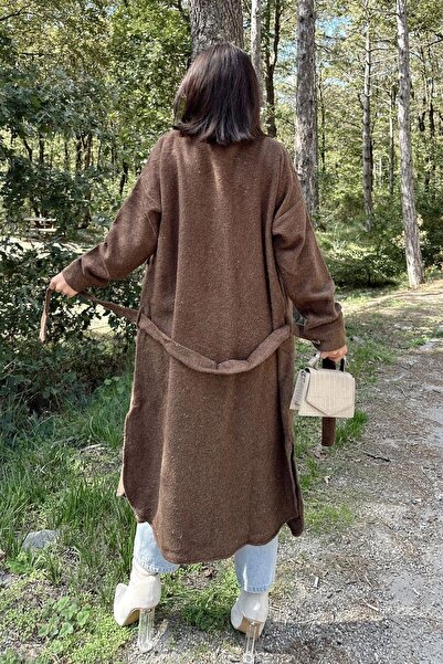 NEW LAVİVA Γυναικείο μακρυμάνικο καφέ, διπλή τσέπη, φούστα οβάλ κοπή, ζώνη, παλτό πουκάμισο με κασμίρ