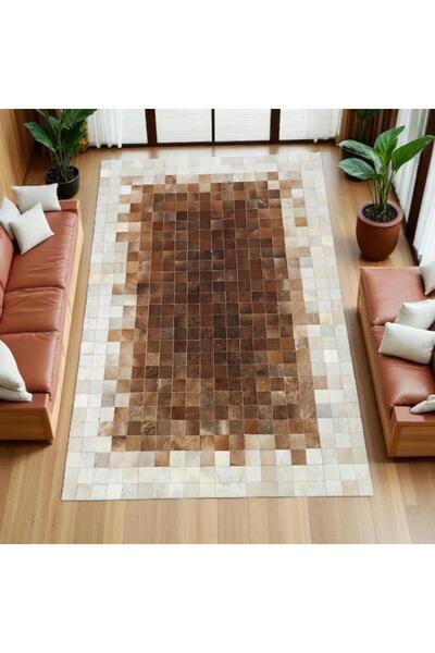deco marié Doğal Dana Derisi Patchwork Halı – El Yapımı Kahverengi Modern Ort...