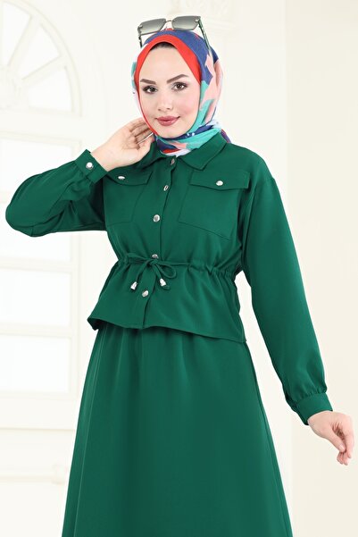 ModaMerve Beli Büzgülü Tesettür Takım 730MP806-MS Zümrüt