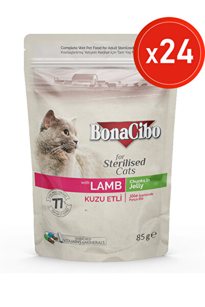 BonaCibo Jöleli Kuzu Etli Pouch Yaş Kısır Kedi Maması, 85 Gr x 24 Adet, Tüm I...