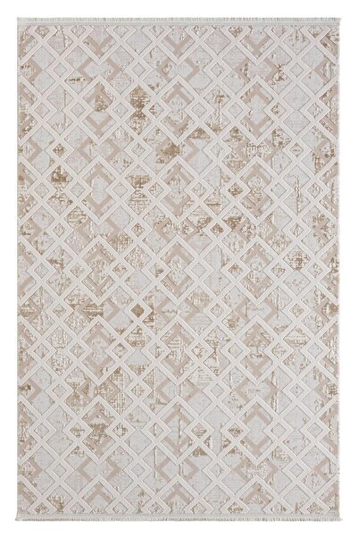 Karmen Halı Kaftan Kf008a Bej Halı Kahverengi Detaylı Geometrik Kabartma Dese...
