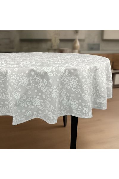 DENISA-DO White teflon-coated cotton tablecloth with white flowers 180 cm round
