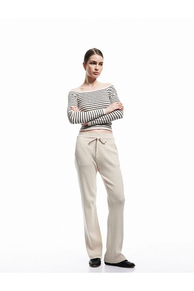 Koton High Waist Straight Wide Leg Knitwear Trousers with Lace-Up Pockets at the Waist