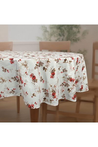 DENISA-DO White teflon-coated cotton tablecloth with red flowers 180 cm round