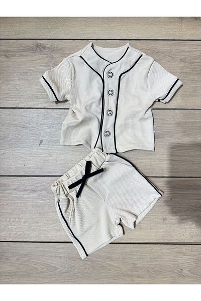 Tk Tela Kids Bebe Set 2 Pcs 6/9/12 Months Range Crepe Fabric Shirt Button Double Stripe Black Color Beige