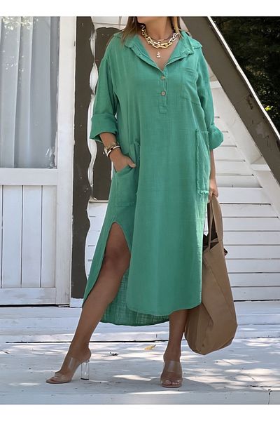 Rosidam Standard Size Comfortable Fit Wash Linen Dress with Half Placket Pockets