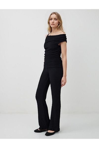 Jimmy Key Black Slim Fit Regular Waist Wide Leg Knitted Trousers