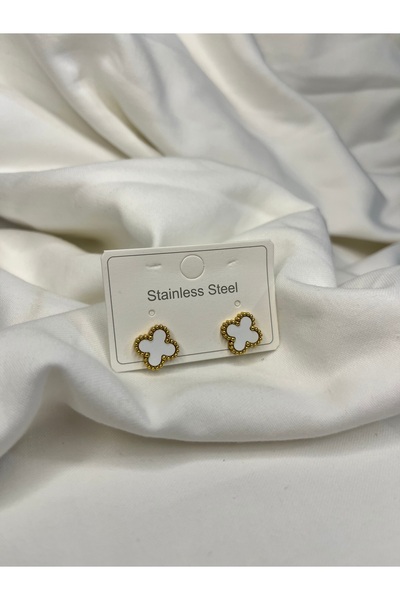 Fam&Co Jewelry White Clover Form Earrings with Stainless Steel Gold Color Frame