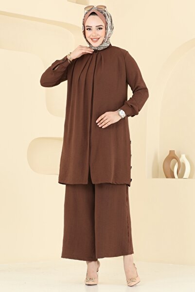 ModaMerve Yırtmaç Düğmeli Tesettür Takım 3100HBS856-MS Kahve