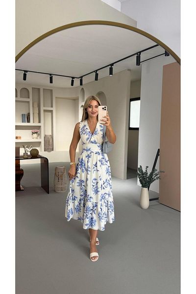 Sezgi Tekin Double Breasted Collar Belted Blue Floral Pattern Cotton Linen Dress