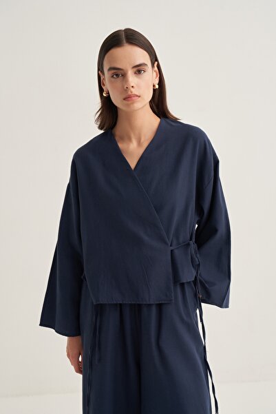 EBU Prive Women's Organic Cotton Short Kimono Navy Blue