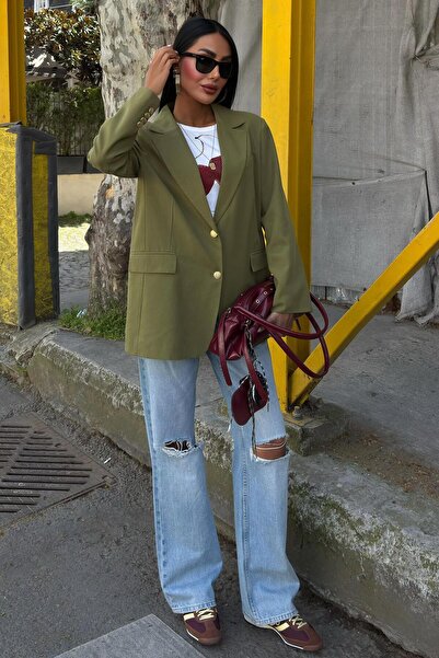 WeShaya Жіночий хакі крувазний тканий оверсайз блейзер