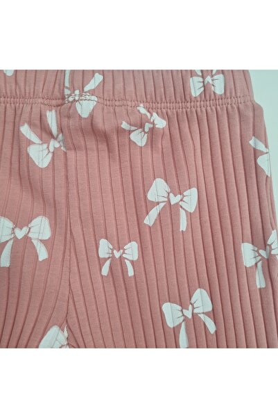 Uğur bebe Cute Teddy Bear Printed Baby Girl 2-Piece Set Cream T-Shirt and Ribbed Leggings with Pink Bow