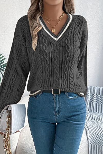 TRQOM Dámský pruhovaný pletený svetr s výstřihem do V, antracitový