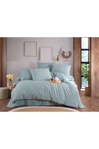 Beğenal Mint Green Colored Natural Striped Double Duvet Cover Set