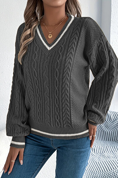 TRQOM Dámský pruhovaný pletený svetr s výstřihem do V, antracitový