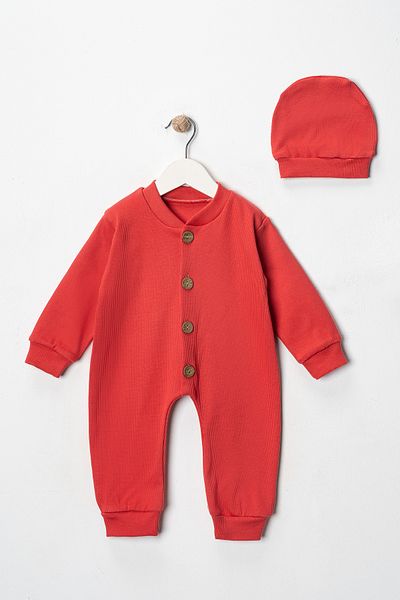DIMPLE BABY Solid Color Buttoned Beret 2-Piece Jumpsuit Set