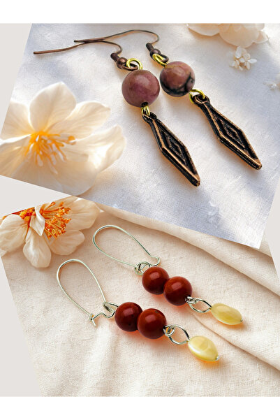 ayrestyle مجموعة أقراط من رودونيت وجاسبر من الأحجار الطبيعية مكونة من قطعتين