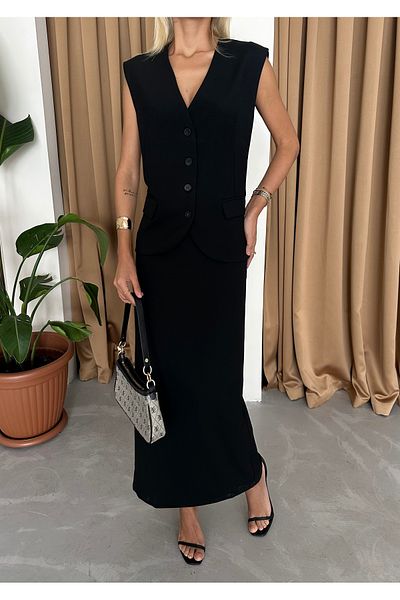 My Blog Black Polyviscose Pocket Vest Slit Pencil Skirt Set