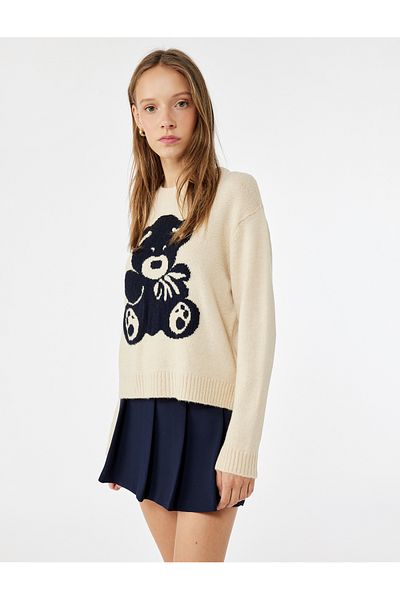 Koton Teddy Bear Embroidered Long Sleeve Crew Neck Sweater