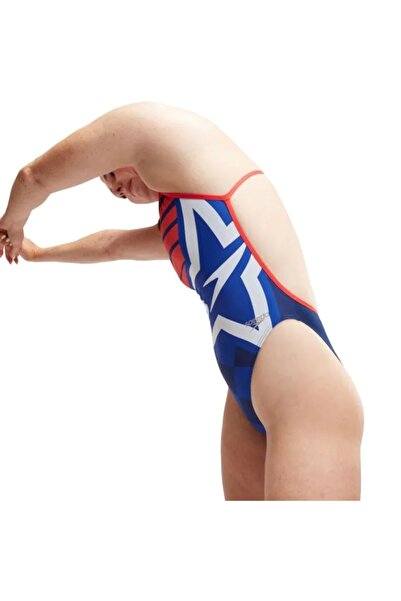 SPEEDO Costum de baie pentru femei cu imprimeu digital în formă de V, albastru-portocaliu