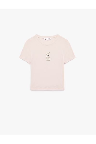 Koton Slim Fit Short Sleeve Ribbed Crew Neck Cotton Bow Detailed Rabbit Printed T-Shirt