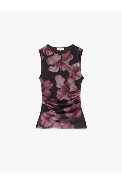 Koton Drape Detailed Tulle Crew Neck Slim Fit Floral Tank Top