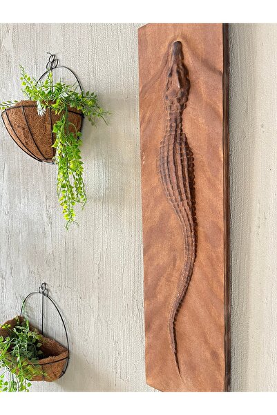 Store Rustik Tarz Ahşap Oyma Timsah Tablosu mistik doğa