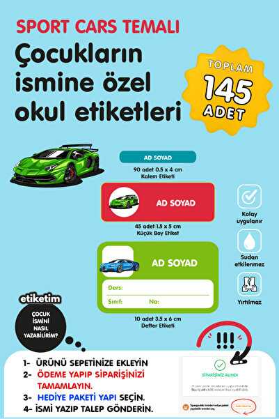 ETİKETİM SPOR ARABALAR Temalı İsme Özel Okul Etiketi