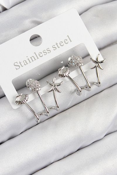 SeyCey.co Brass Zircon Stone Sea Star and Oyster Model Silver Color Women's Earrings