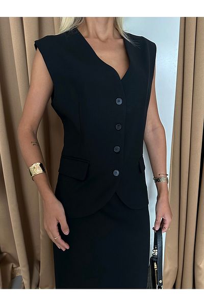 My Blog Black Polyviscose Pocket Vest Slit Pencil Skirt Set