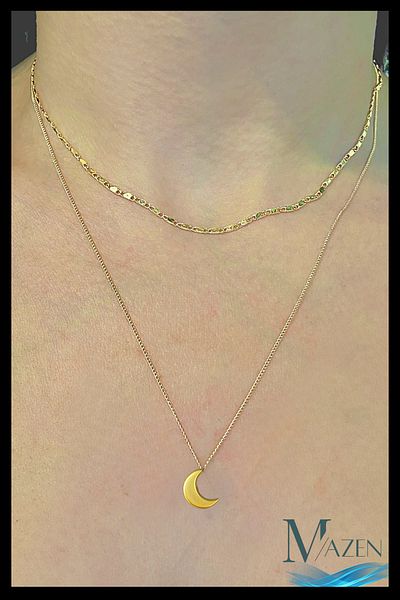MAZEN Combination Chain Necklace |   Crescent Half Moon Tip |   Double Gold Color Necklace |   Choker Women's Jewelry Accessory