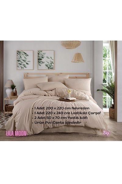Beğenal Beige Colored Natural Striped Double Duvet Cover Set