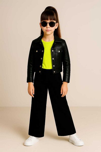 elfanto kıds Girl's Neon Suit with Leather Jacket – Black Pants & Yellow Blouse"