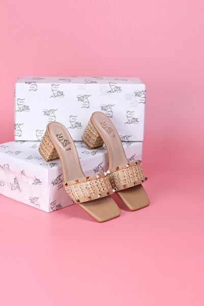 Extra Shoes İstanbul Women's Straw Beige Skin Gold Kepsün Detailed Heeled Slippers