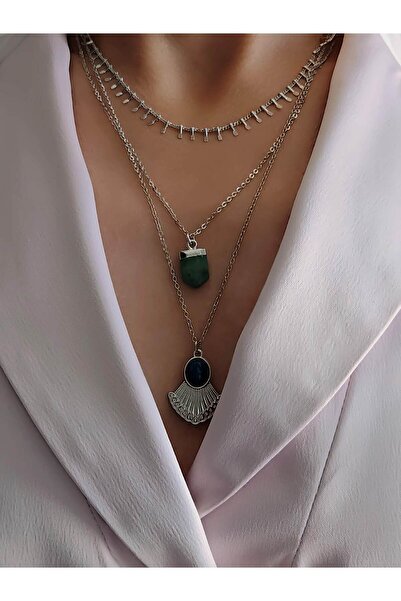 Eva Takı Store Triple Barley Flower Model Silver Silver Color Necklace