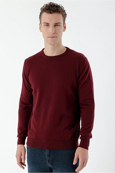 Morven Men's Dark Claret Red Basic Crew Neck Dynamic Fit Comfortable Cut Knitwear