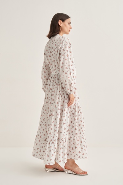 EBU Prive Γυναικείο φόρεμα με κορδόνια ποπλίνας με στρώσεις με λουλουδάτο σχέδιο εκρού